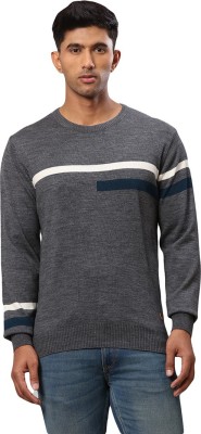 Raymond Striped Round Neck Casual Men Grey Sweater