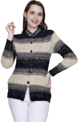 HITTIKA Self Design, Woven Round Neck Casual Women Beige, Black Sweater