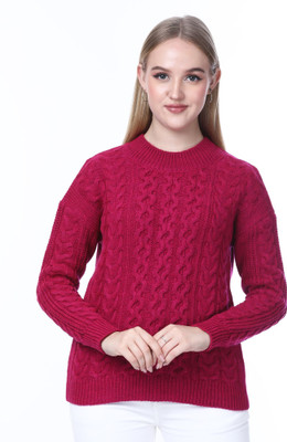 NOQUO Self Design Round Neck Casual Women Pink Sweater