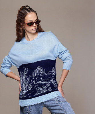 Roadster Self Design Round Neck Casual Women Blue Sweater
