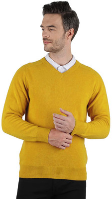 Life and style Solid V Neck Casual Men Yellow Sweater