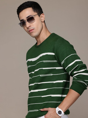 Roadster Striped Round Neck Casual Men Green Sweater