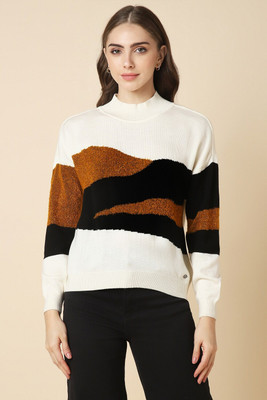 Allen Solly Self Design High Neck Casual Women White Sweater