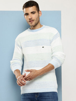MUHURATAM Self Design Round Neck Casual Men Light Green Sweater