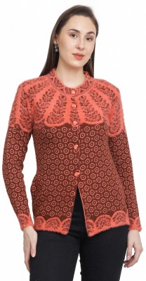 HITTIKA Geometric Print Round Neck Casual Women Red Sweater