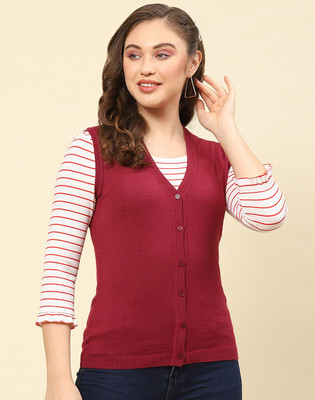 MONTE CARLO Solid V Neck Casual Women Maroon Sweater