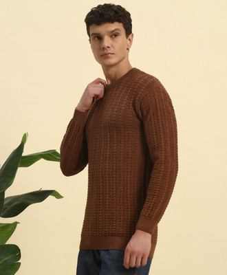 CANBLAR Striped Round Neck Casual Men Brown Sweater