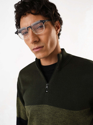 Dennis Lingo Colorblock High Neck Casual Men Green, Black Sweater