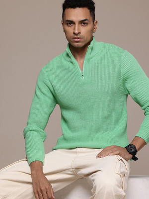 Roadster Solid Collared Neck Casual Men Green Sweater