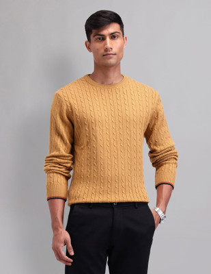AD by Arvind Self Design Round Neck Casual Men Yellow Sweater