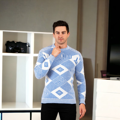 GLAUCUS Geometric Print Round Neck Casual Men Blue Sweater