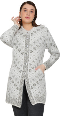 HITTIKA Woven, Printed Collared Neck Casual Women White Sweater
