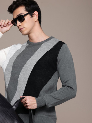 French Connection Colorblock Round Neck Casual Men Grey Sweater