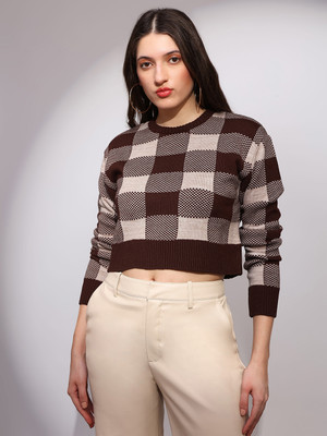 Globus Checkered Round Neck Casual Women Brown, Beige Sweater