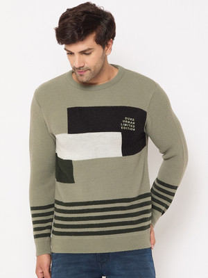 DUKE Striped Round Neck Casual Men Green Sweater