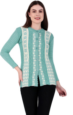 BRAZO Self Design Round Neck Casual Women Green Sweater