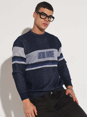 SHOWOFFFF Printed Round Neck Casual Men Dark Blue Sweater
