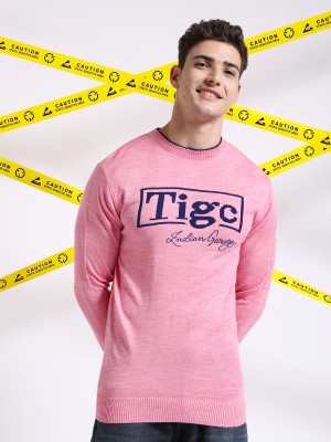 The Indian Garage Co. Self Design Crew Neck Casual Men Pink Sweater