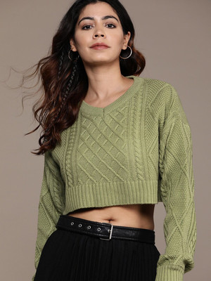 Roadster Self Design Round Neck Casual Women Green Sweater
