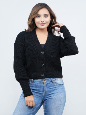 HouseOfCommon Self Design V Neck Party Women Black Sweater