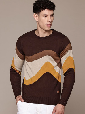 Roadster Self Design Round Neck Casual Men Brown Sweater