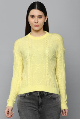 Allen Solly Self Design Round Neck Casual Women Yellow Sweater