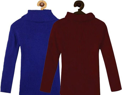 100LUCK Self Design High Neck Casual Boys & Girls Maroon, Dark Blue Sweater