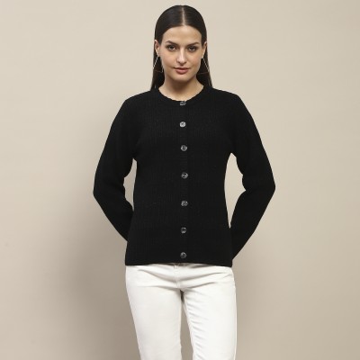 MADAME Solid Crew Neck Casual Women Black Sweater