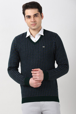 PETER ENGLAND Printed V Neck Casual Men Green Sweater