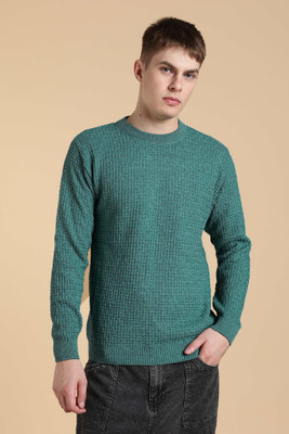 FREAKS Solid Round Neck Casual Men Green Sweater