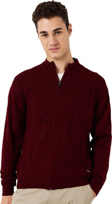 PARK AVENUE Self Design, Woven High Neck Casual Men Maroon Sweater