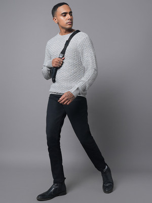 High Star Self Design Round Neck Casual Men Grey Sweater