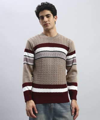 TWOCRAZIIE Striped Round Neck Casual Men Brown Sweater