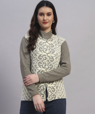 Christy World Self Design Collared Neck Casual Women Dark Green Sweater
