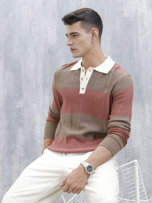 WROGN Colorblock, Self Design Collared Neck Casual Men Brown Sweater