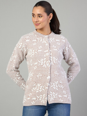 DUKE Floral Print Round Neck Casual Women Brown Sweater