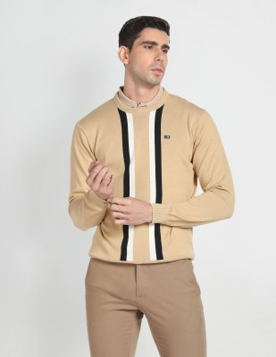 Arrow Sport Striped Crew Neck Casual Men Beige Sweater