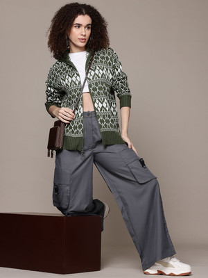 Roadster Self Design Mandarin Neck Casual Women Green Sweater