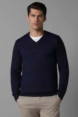 LOUIS PHILIPPE Printed V Neck Casual Men Blue Sweater