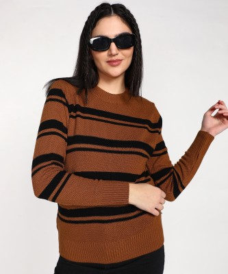 NUMERO UNO Striped Crew Neck Casual Women Brown Sweater