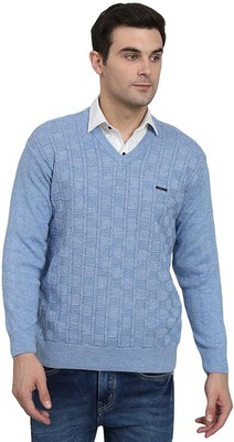 MUSKAN KNITWEAR Self Design V Neck Casual Men Blue Sweater