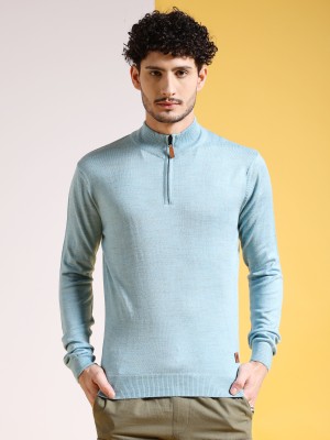 The Indian Garage Co. Solid High Neck Casual Men Blue Sweater