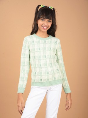 CRIMSOUNE CLUB Embellished Round Neck Casual Girls Green Sweater