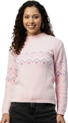 One Femme Self Design Round Neck Casual Women Pink Sweater