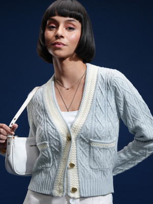 Tokyo Talkies Self Design V Neck Casual Women Blue Sweater