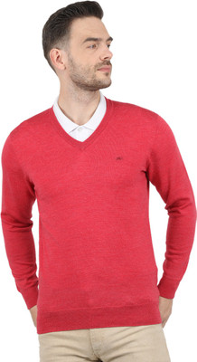 MONTE CARLO Solid V Neck Casual Men Red Sweater