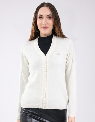 MONTE CARLO Solid V Neck Casual Women White Sweater