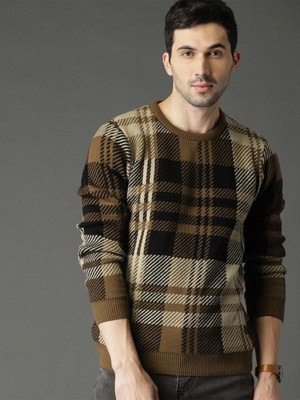 Roadster Checkered Round Neck Casual Men Brown Sweater