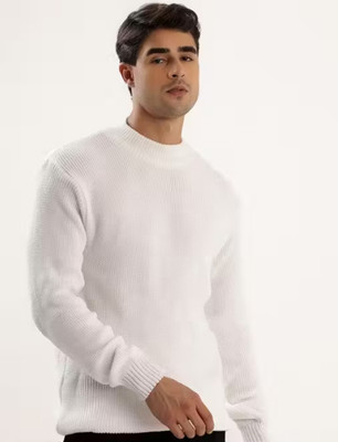 kveto Self Design Round Neck Casual Men White Sweater