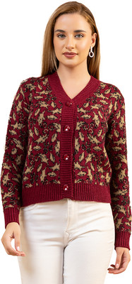 TWENTY ME Printed V Neck Casual Women Maroon Sweater